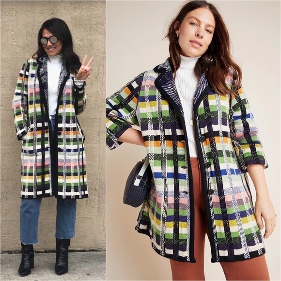 ALDOMARTINS Wool Alpaca Colorblock Plaid Long Maximalist Sweater Blanket Coat S - Picture 10 of 16